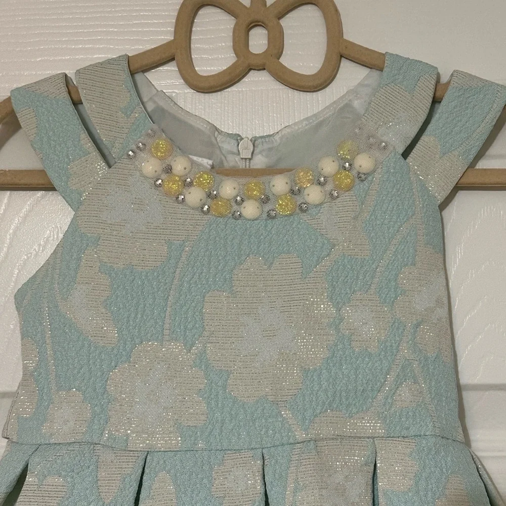 Bonnie Jean Toddler Girls Aqua Floral Jacquard Dress with Pearl Accents